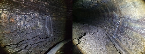 만장굴 벽면에서 쏟아져 내리는 빗물(왼쪽)과 용천동굴 벽면에서 뿜어져 나오는 빗물 줄기(오른쪽)